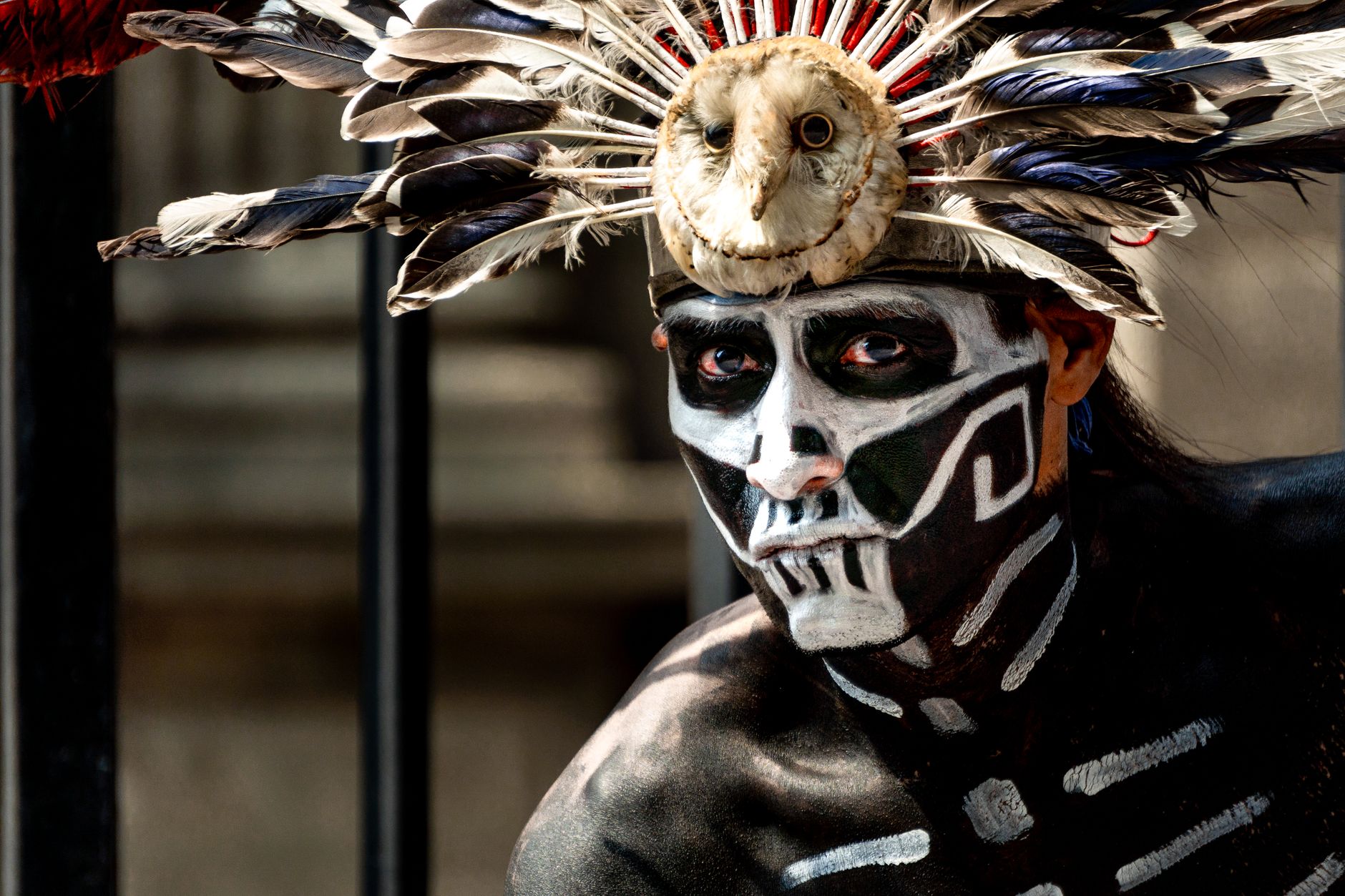 Man with traditional Dia de los Muertos face paint and feathered headdress, Mexico.