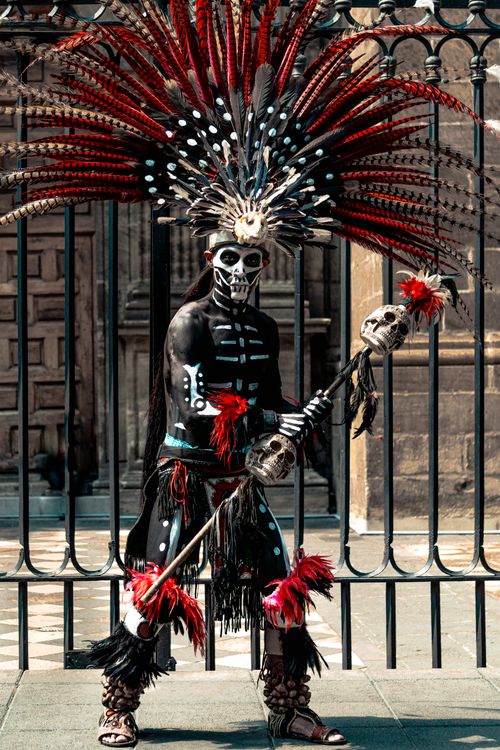 Free Man in elaborate skeleton costume during Day of the Dead festival in Mexico City. Stock Photo