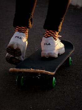 Close-up of a skateboard on asphalt featuring white sneakers and vibrant socks, perfect for urban lifestyle themes.