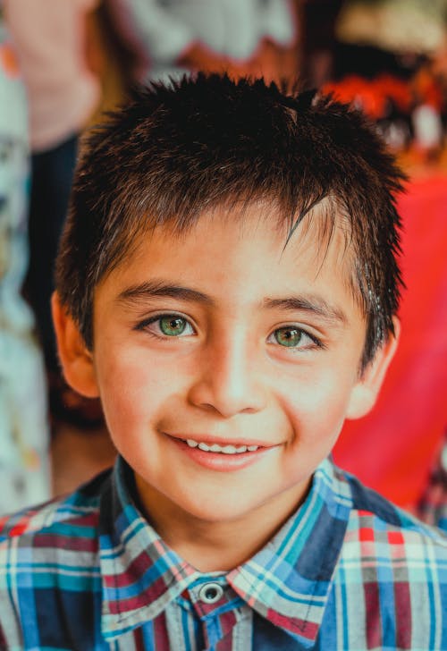 Portrait of a Cute Boy in Plaid Shirt