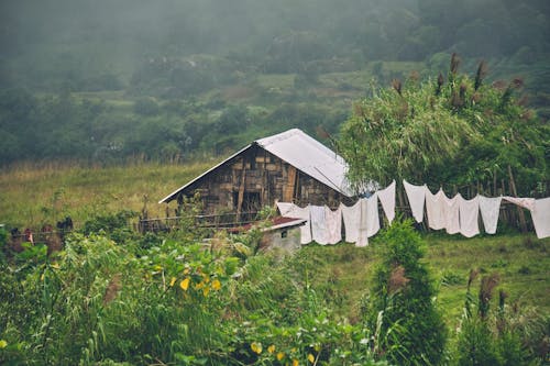 Clothes Drying near Wooden Village House