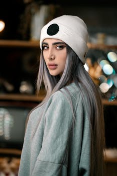 Fashionable woman with long, dyed hair and piercings wearing a stylish beanie.
