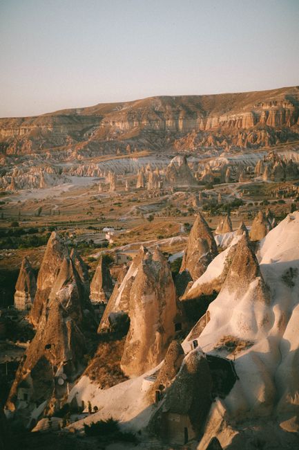 A stunning aerial view of Göreme's unique rock formations in Cappadocia, Turkey.