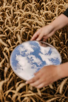 A hands hold a mirror reflecting clouds in a wheat field.
