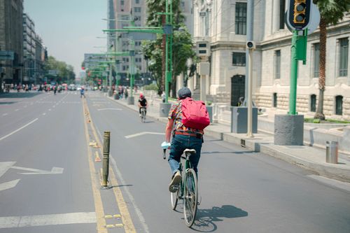 Free Back view of a man cycling on an empty city street on a sunny day. Stock Photo