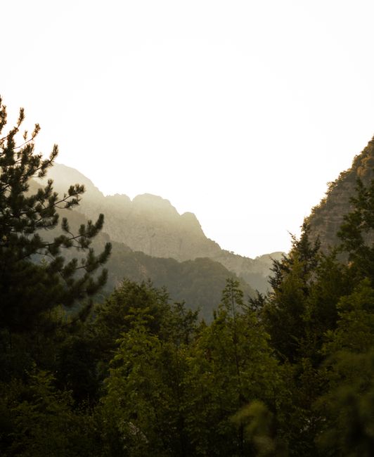 Breathtaking view of Theth's mountain landscape in Shkodër County, Albania at golden hour.
