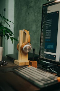 Stylish workspace featuring headphones on a stand and a computer monitor, perfect for a tech-savvy office.