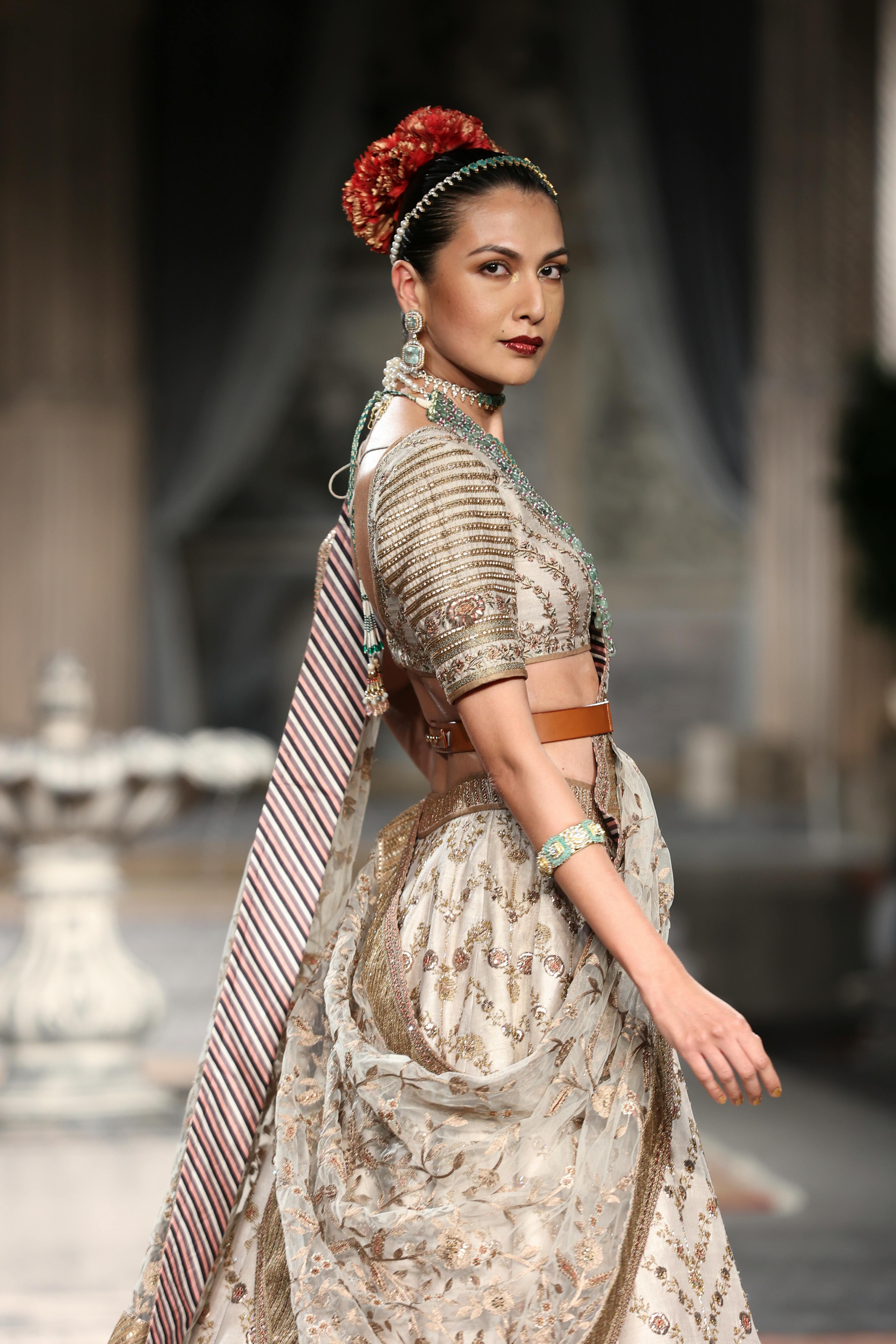 beige traditional dresses Silver Crystal Embellished Empire-Waist Dress in Beige – Maxim Creation