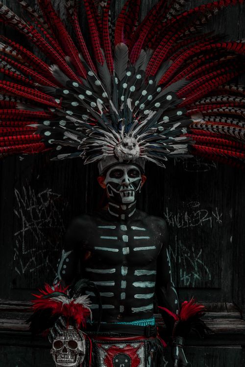 Free Man in tribal costume with elaborate headdress and body paint in vertical portrait. Stock Photo