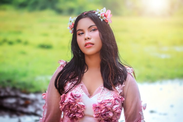 Girl In Pink Dress With Flower Headband