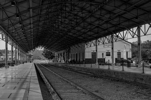 Grayscale Photo of a Train Station