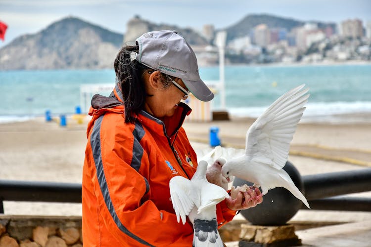 Woman With Pigeons On Beach