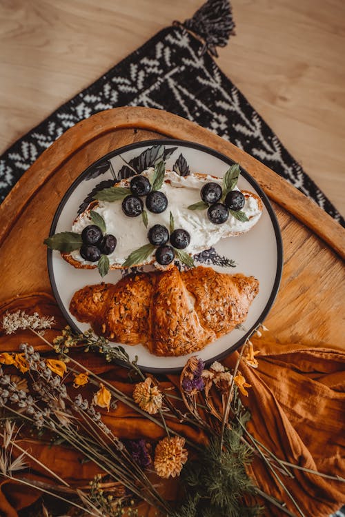 Croissant and Bread with Cheese and Blueberries