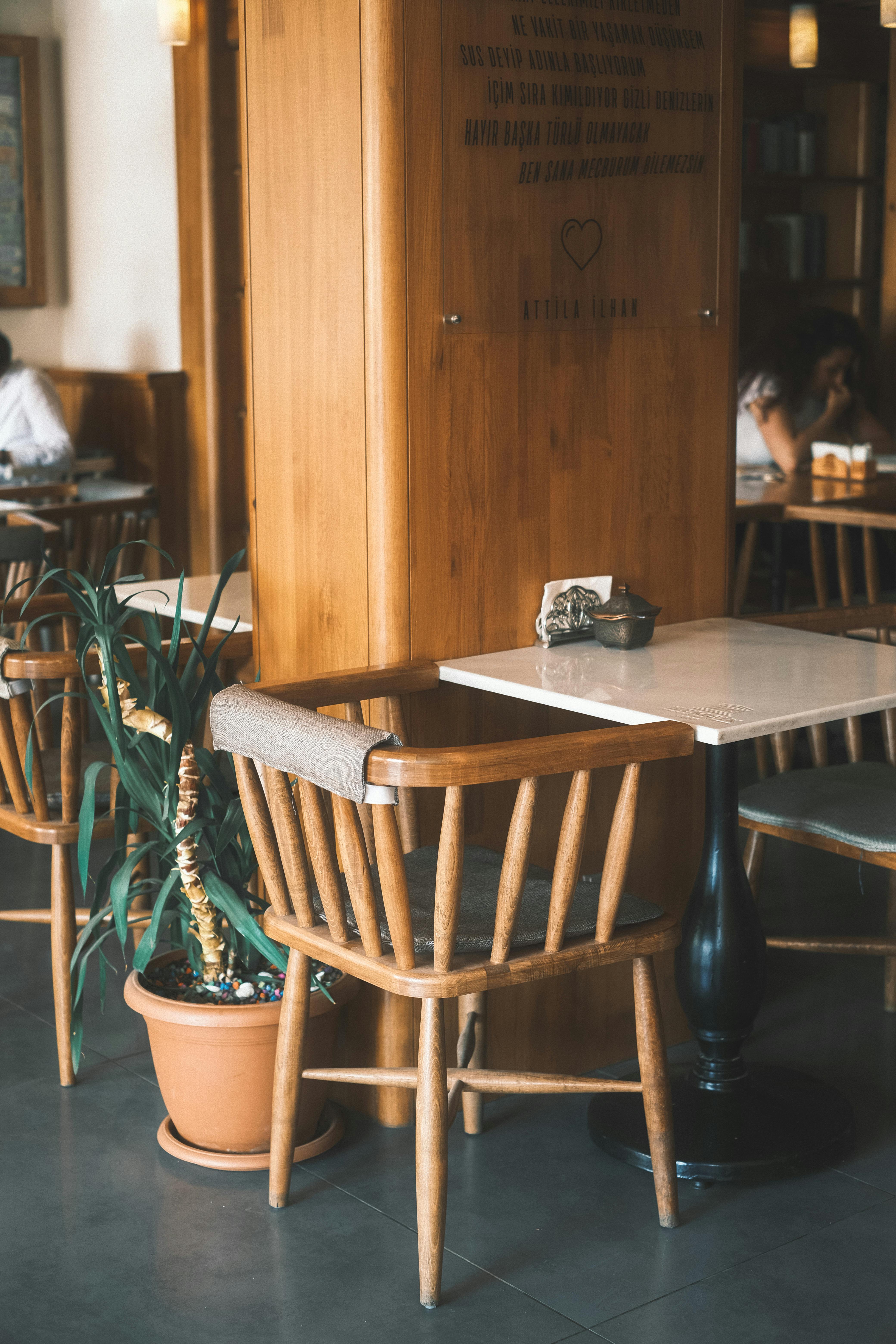 Free Inviting dining area with wooden furniture and a potted plant, offering a warm ambiance. Stock Photo