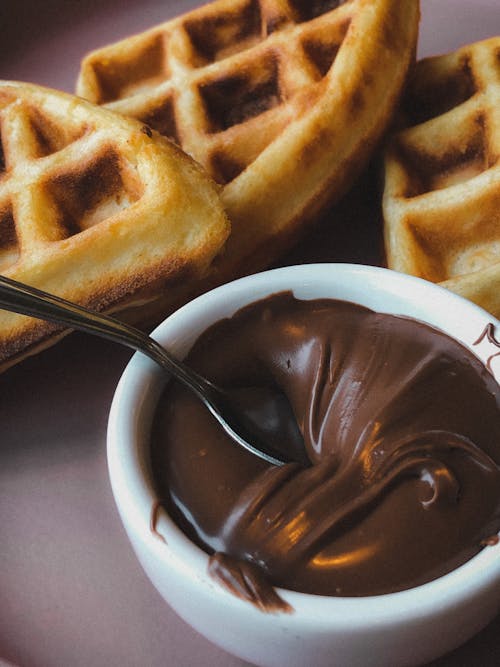 Close-Up Shot of Waffles and Chocolate 