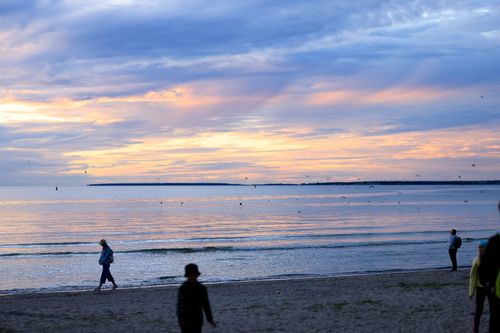 Free People enjoying a serene beach stroll at sunset with a vibrant sky. Stock Photo