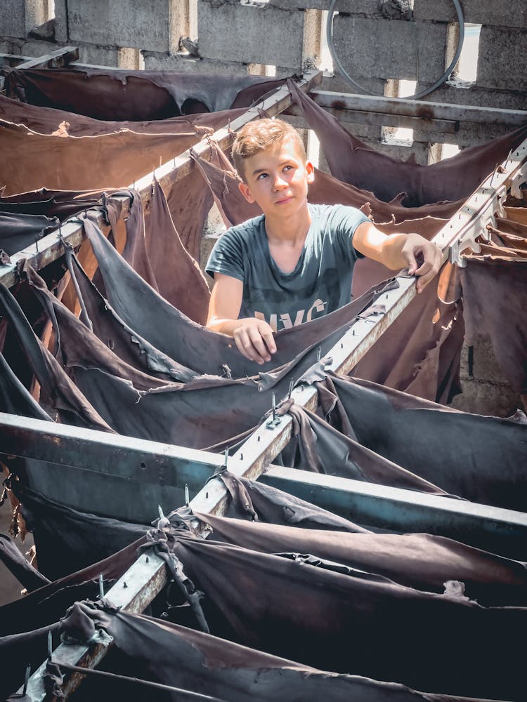 Young Boy Standing Between Drying Fabric 