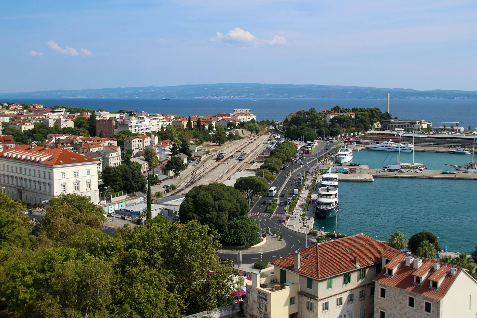 A stunning aerial view of Split, Croatia's harbor showcasing urban architecture and the Adriatic coast.