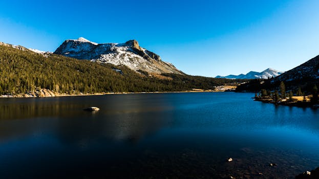 山峰白雪皑皑，天空清澈，宁静的山间湖泊是完美的自然胜地