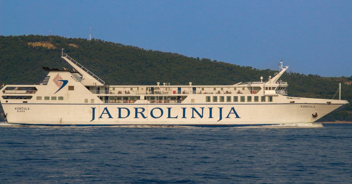 Jadrolinija ferry 'Korčula' cruising on Adriatic Sea off Croatian coast.
