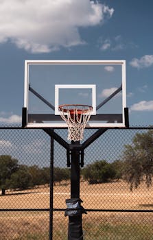 Close-up of a basketball hoop with net, set outdoors under a blue sky.