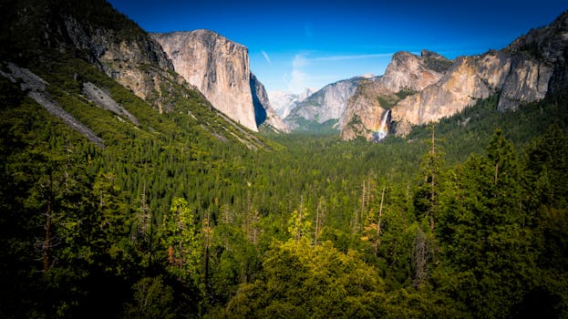 Majestic view of Yosemite Valley with lush forests, cliffs, and waterfalls under a clear blue sky.