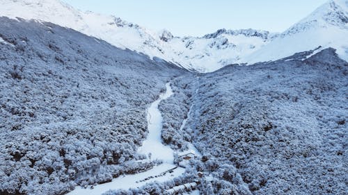 An Aerial Shot of a Snow Covered Road on a Mountain