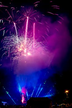 夜空中，五彩缤纷的烟花绽放，色彩鲜艳，烟雾缭绕，营造出令人着迷的奇观