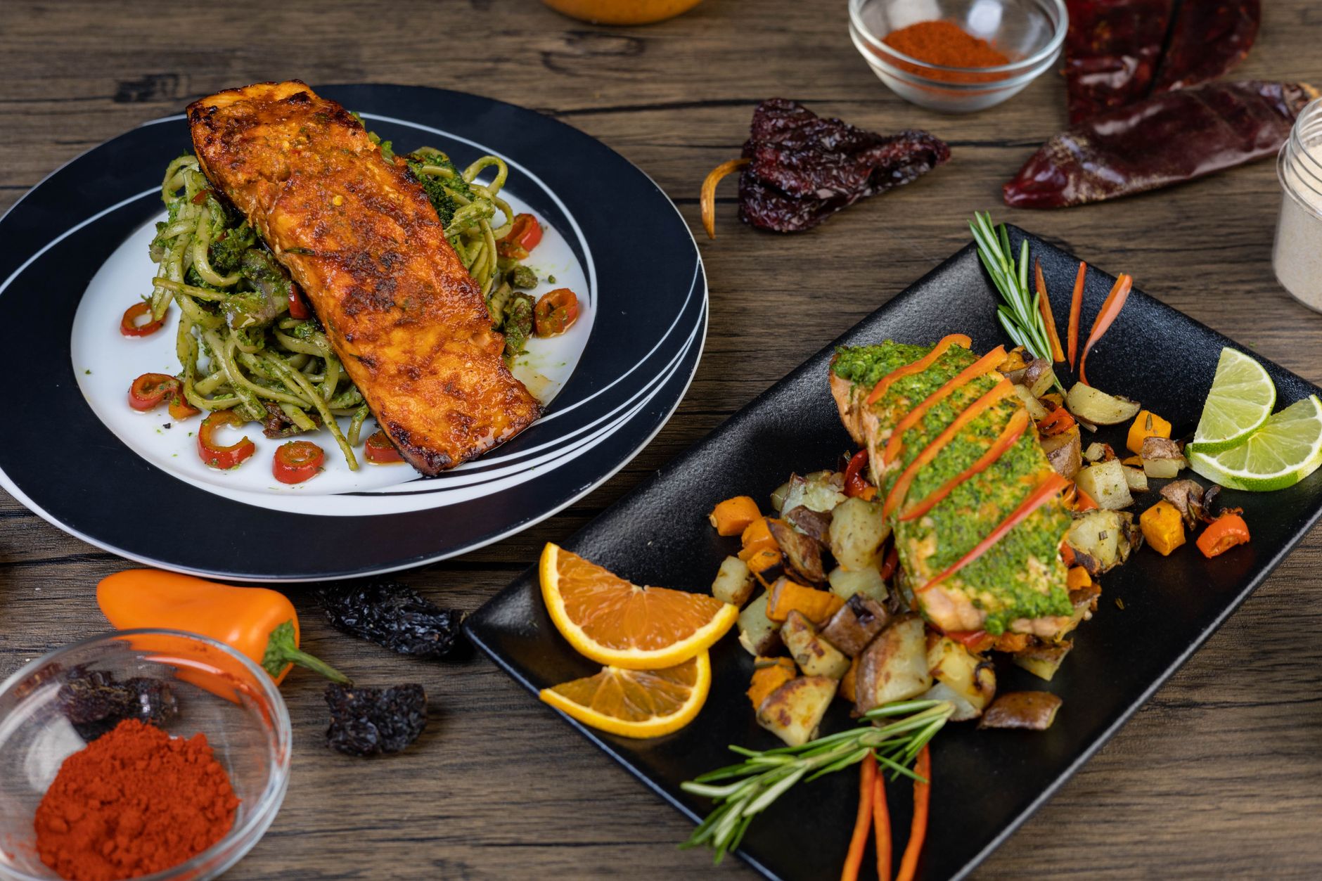 Chipotle-Honey Salmon with Pesto Pasta