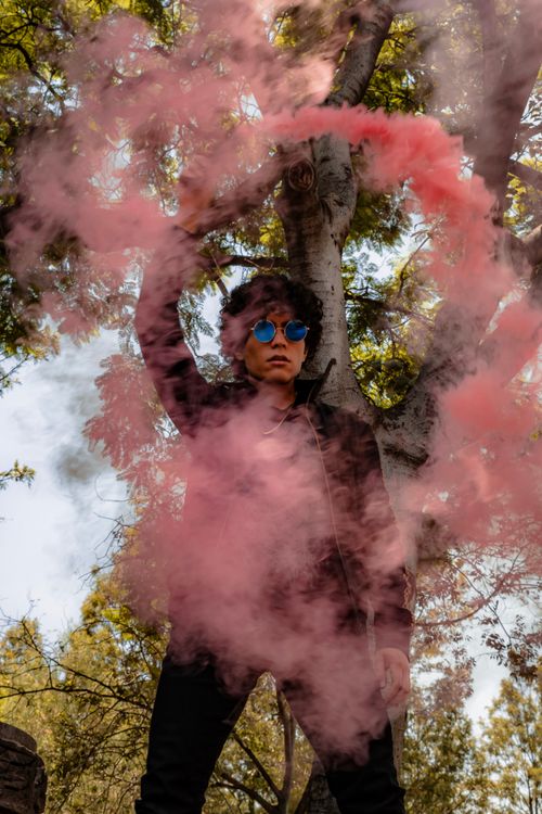 Free A man wearing sunglasses holds a pink smoke bomb outdoors under a tree. Stock Photo