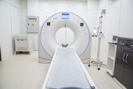 CT scanner setup in a sterile hospital room, ready for medical imaging.