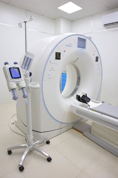 Bright hospital room featuring a modern MRI machine and related technology.