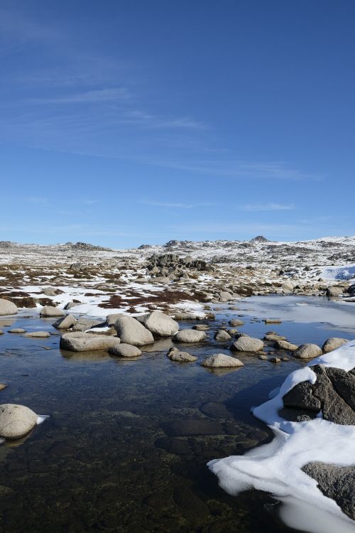 Free Serene winter landscape with snow, rocks, and clear blue sky in the mountains. Stock Photo