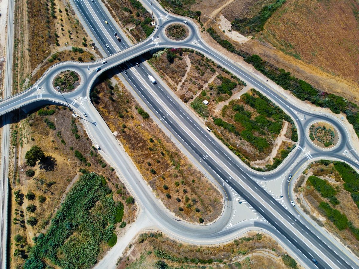 Top-down aerial view of highways and interchanges