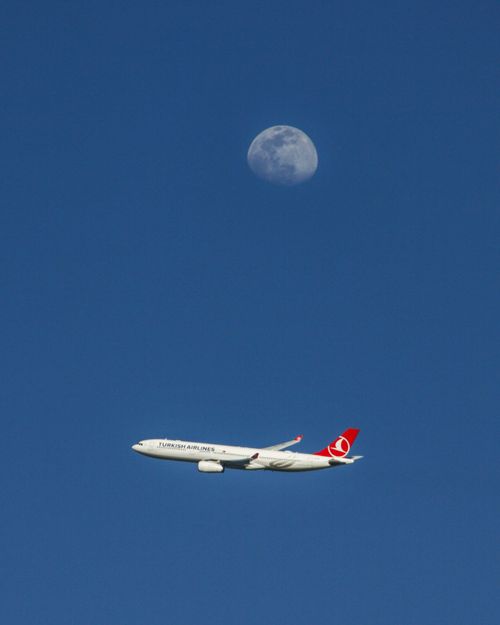 Free A passenger airplane soars beneath the moon in a clear blue sky, capturing a serene flight moment. Stock Photo