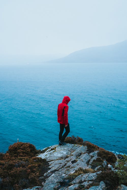 Free Person in Red Jacket Standing on Cliff Stock Photo