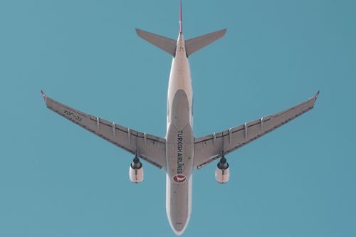Free A Turkish Airlines plane captured from below flying against a clear blue sky. Stock Photo