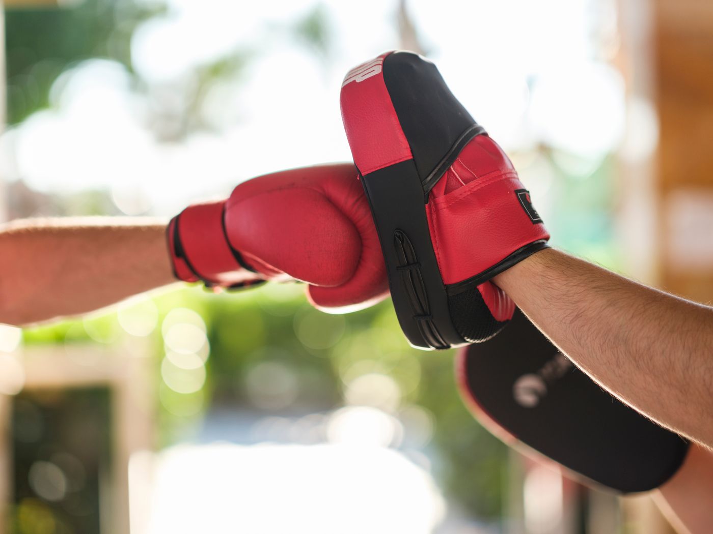 Boxer's red glove striking a focus pad