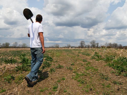 Man with a Shovel Walking on Farmland