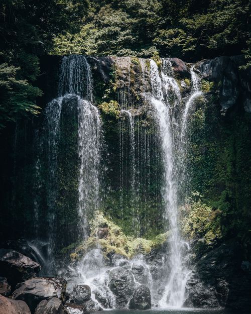 Free A calming waterfall in Jeju Island, Korea, cascades down surrounded by lush greenery and rocky formations. Stock Photo