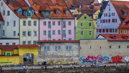 Buildings on the Danube Riverbank in the Old Town of Regensburg, Germany