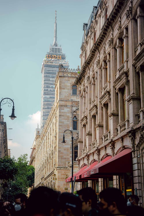 Traditional Building Facade and Torre Latinoamericana in Downtown Mexico City, Mexico