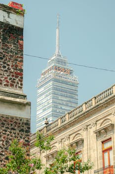 View of the Torre Latinoamericana amidst historic Mexico City architecture.