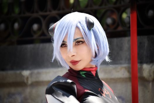 Beautiful anime cosplay portrait with striking blue hair in Ciudad de México.