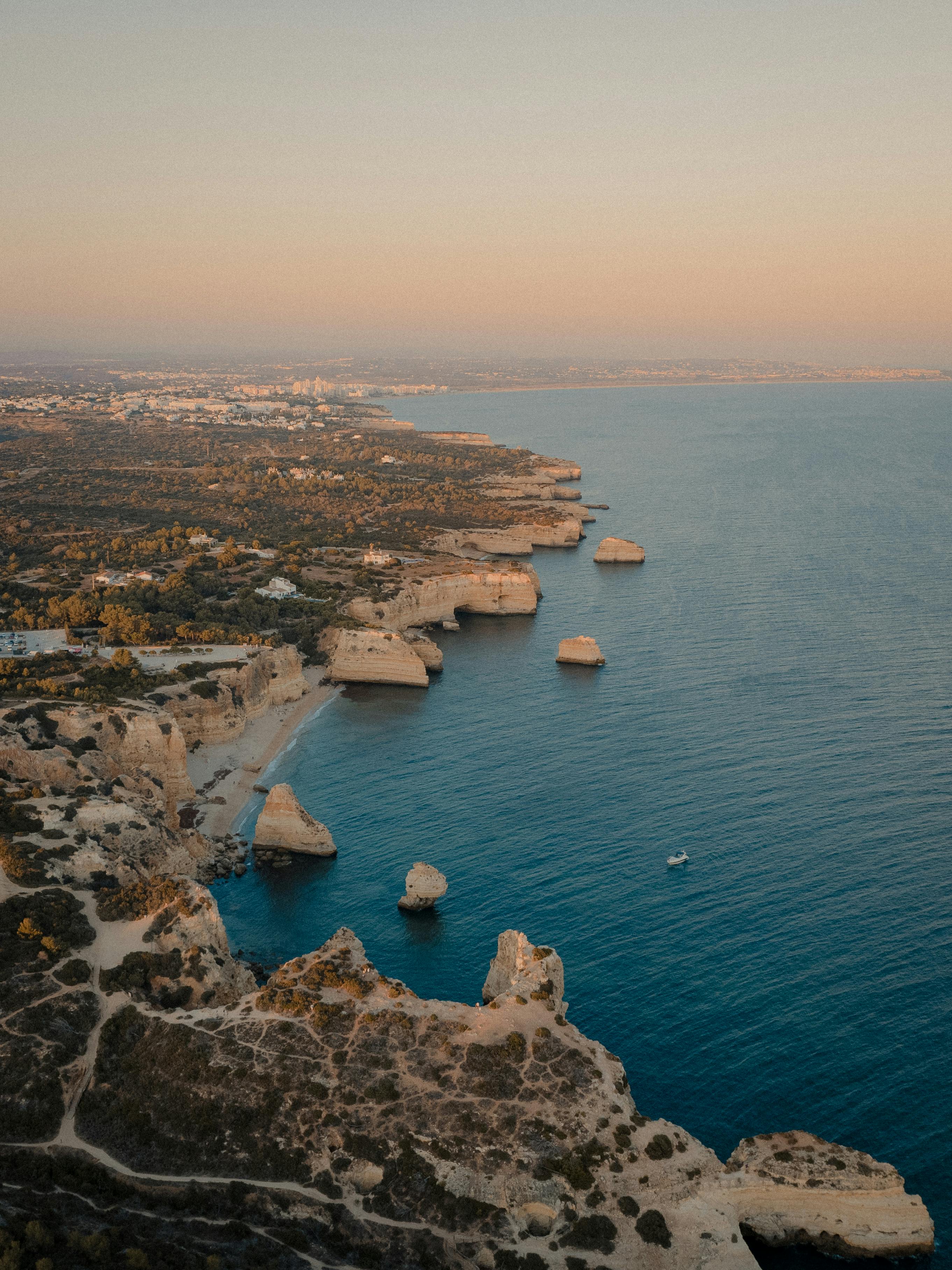 Free Aerial View of the Coast of Algarve, Portugal  Stock Photo