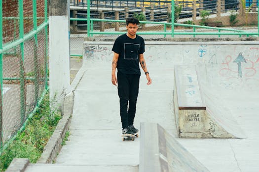 A young man wearing a black shirt skateboarding in an urban skatepark with graffiti and ramps.