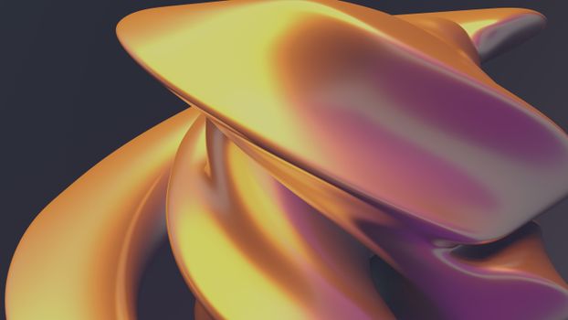 A close-up view of a swirling, metallic abstract sculpture in warm golden tones.
