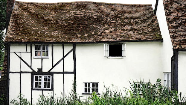 Traditional Tudor-style cottage with white walls and wooden beams, ideal for real estate content.