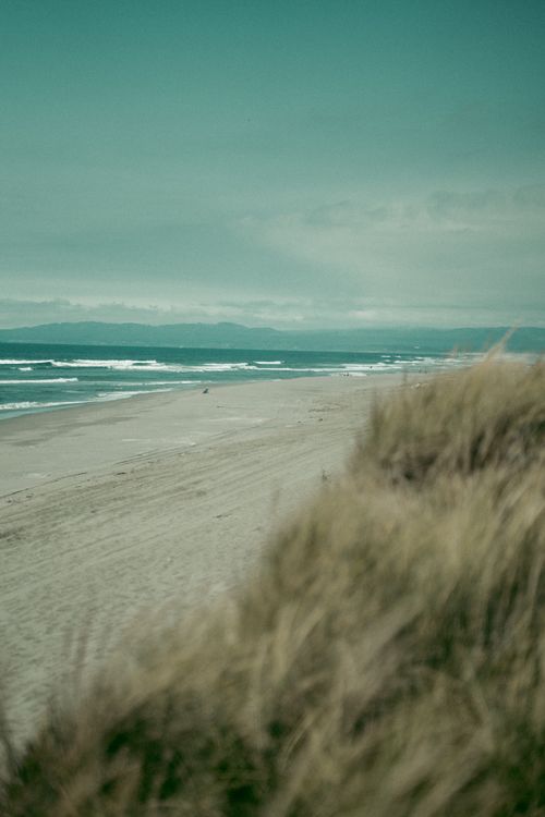 Free Peaceful beach scene with waves, sandy shore, and grassy dunes under a cloudy sky. Stock Photo