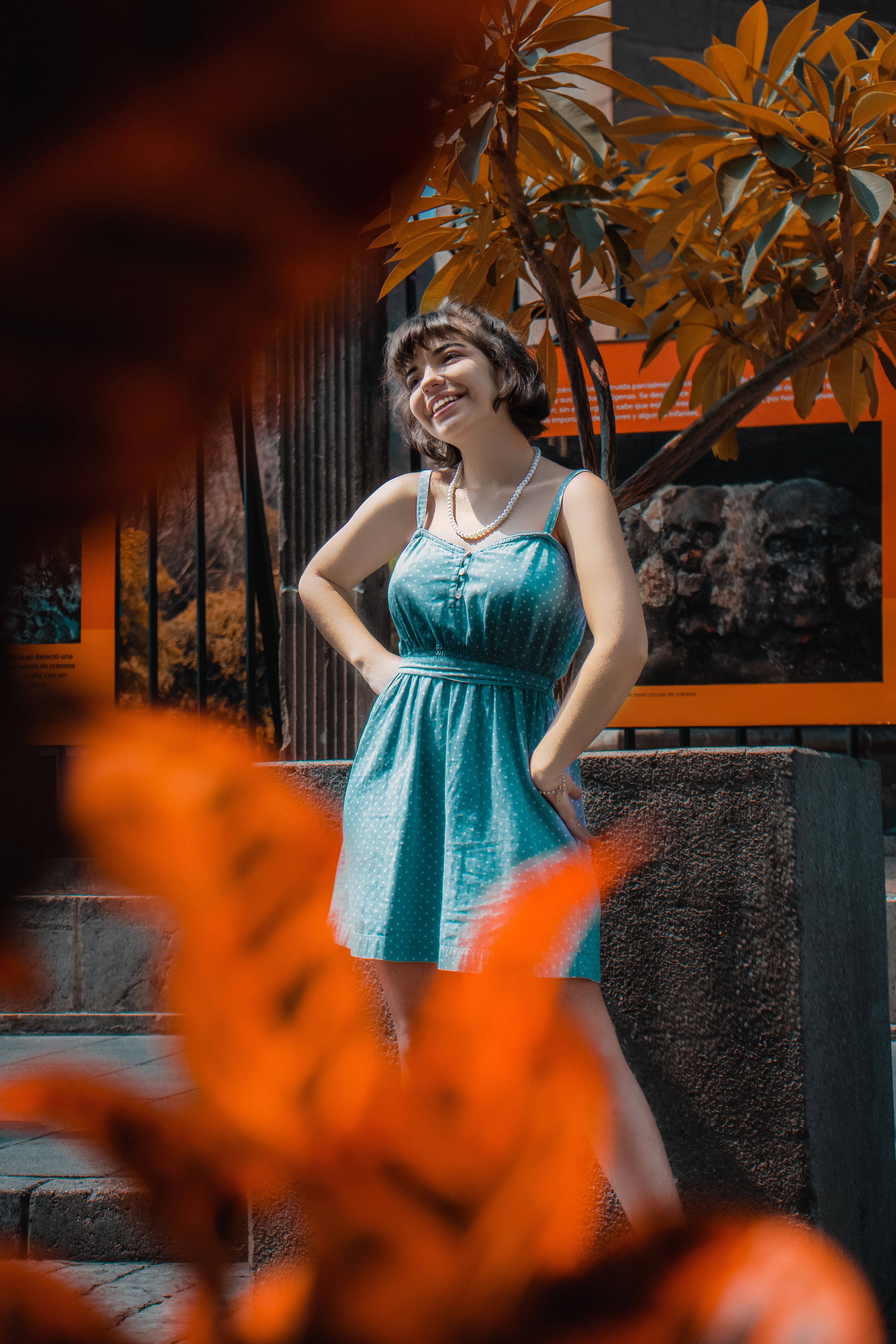 Woman in Blue Dress Posing Next to Tree with Orange Leaves  Free Stock  Photo